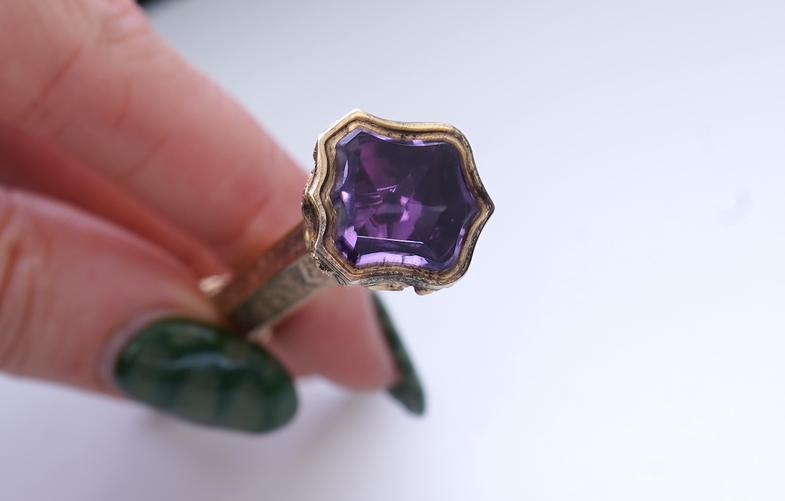 An early Victorian gold and amethyst mechanical pencil, mid 19th century
